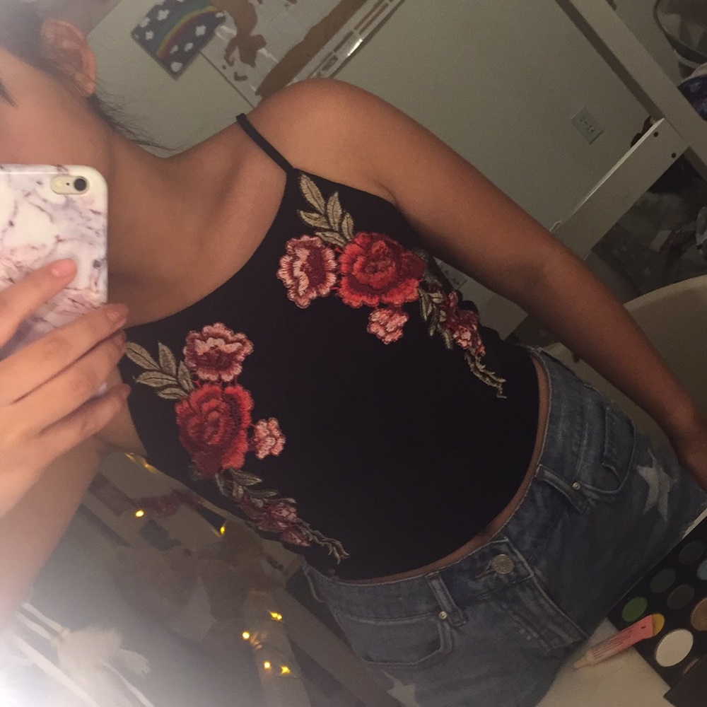 Black halter top with rose design